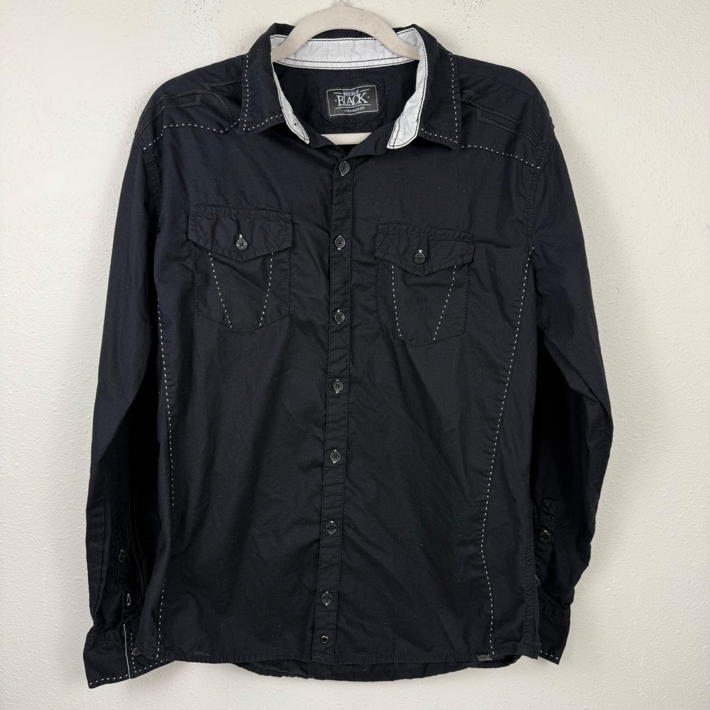 Buckle‎ Black Mens Standard Fit Button Down Shirt Black Contrast Stitch Large